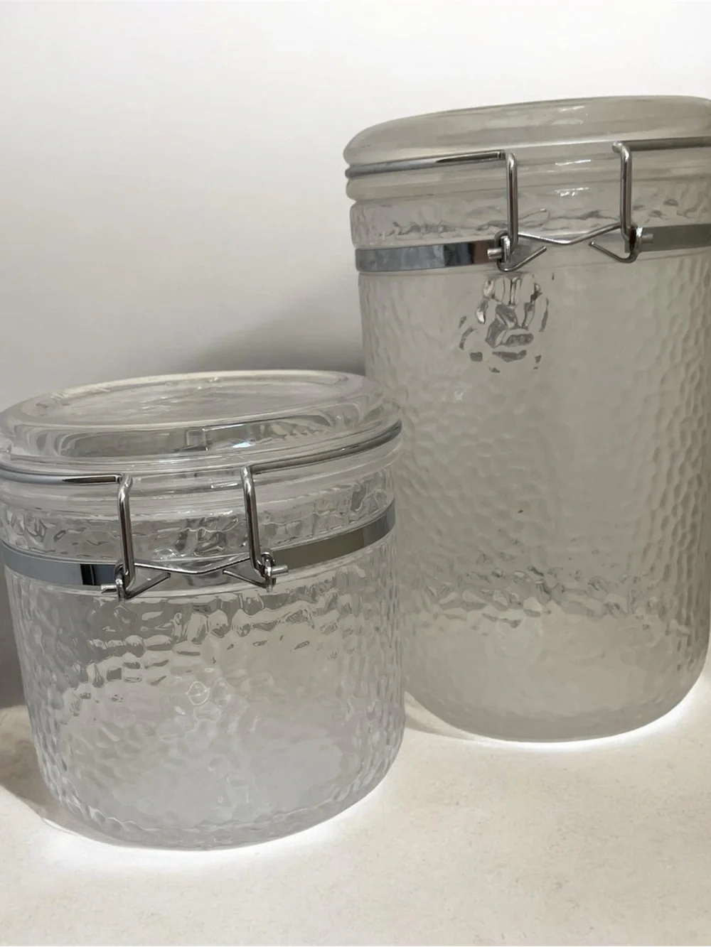 Clear Textured Glass Canister Set with Silver Accent Latches